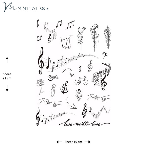 Temporary tattoo from Mint Tattoos. Sheet of many tattoos, mostly music notes and a "live with love" and "just love" quote