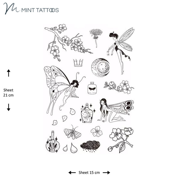 Temporary tattoo from Mint Tattoos. Sheet of many tattoos including fairies, cherry blossoms, flowers and much more