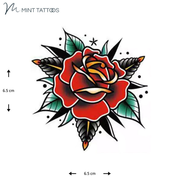 Temporary tattoo from Mint Tattoos. Vibrant red rose tattoo with leaves and thorns