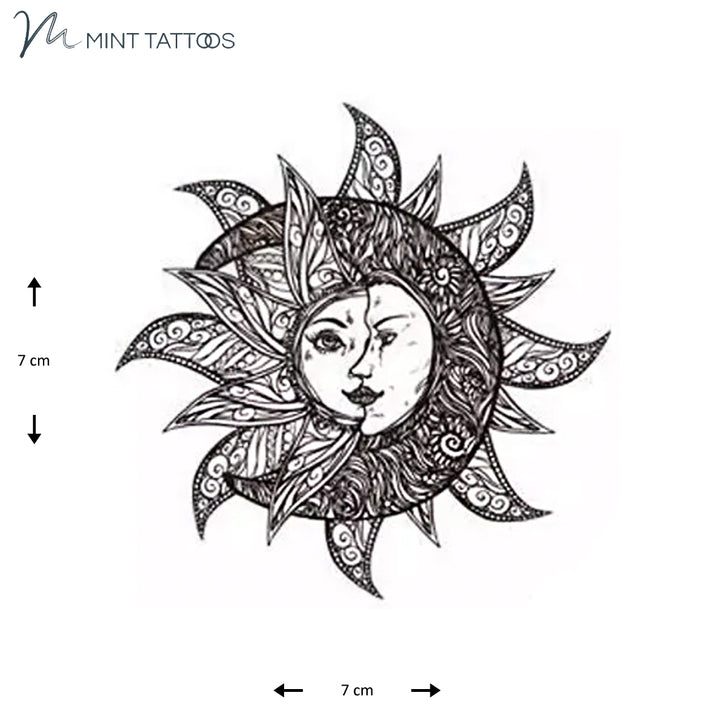 Temporary tattoo from Mint Tattoos. Intertwined ornate sun and moon with faces