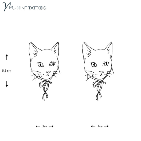 Temporary tattoo from Mint Tattoos. 2 identical outline drawings of a cat face