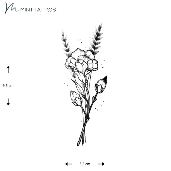 Temporary tattoo from Mint Tattoos. Dot line style outline of a carnation flower bouquet