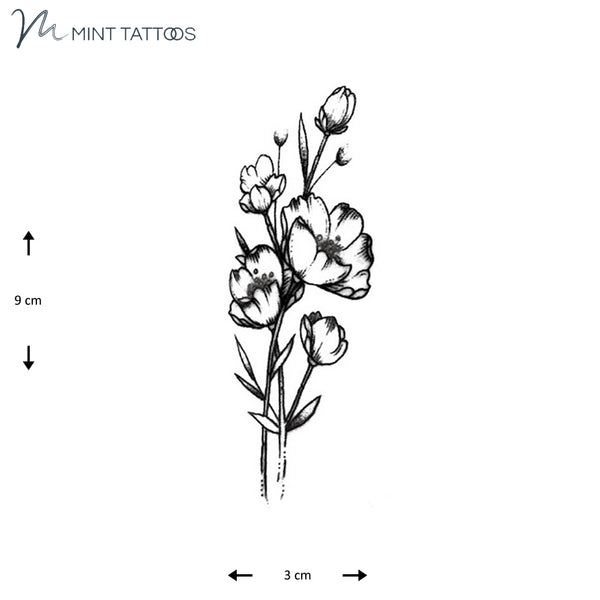 Temporary tattoo from Mint Tattoos. Dot line style outline of a small flower bouquet