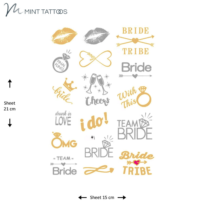 Temporary tattoo from Mint Tattoos. Metallic gold and silver assorted  sheet. Includes Team Bride and Bride Tribe