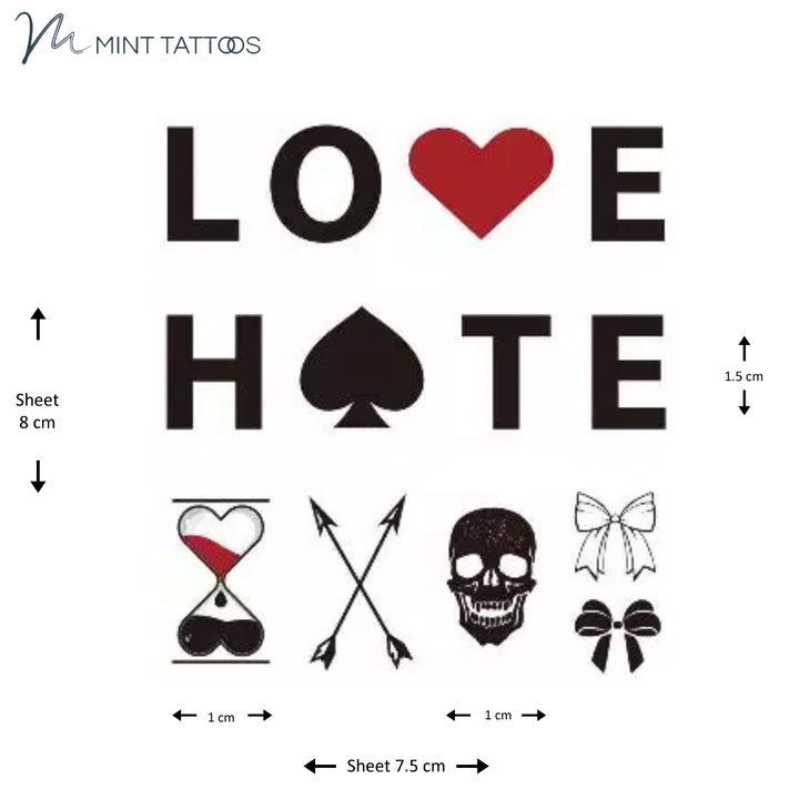 Temporary tattoo from Mint Tattoos. Sheet of several small finger tattoos including the love and hate