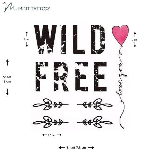 Temporary tattoo from Mint Tattoos. Sheet of several small finger tattoos including the words wild and free