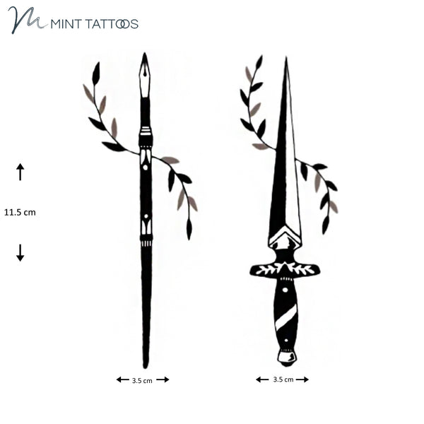 Temporary tattoo from Mint Tattoos. Calligraphy Pen and a sword, each with a vine through it