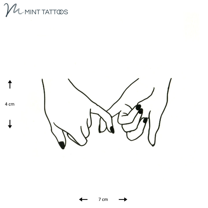 Temporary tattoo from Mint Tattoos. Minimalist design of pinky fingers of 2 female hands touching. 4 x 7 cm