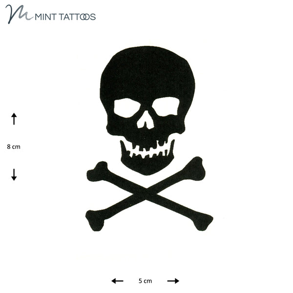 Temporary tattoo from Mint Tattoos. Simple black skull and crossbones. 5 x 8 cm