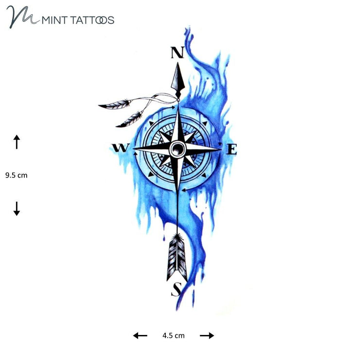 Temporary tattoo from Mint Tattoos bright blue background and black compass with arrows