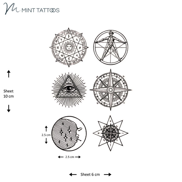 6 x 10 cm sheet has 6 different small temporary tattoos including 2 different compass designs and 4 other assorted circular designs
