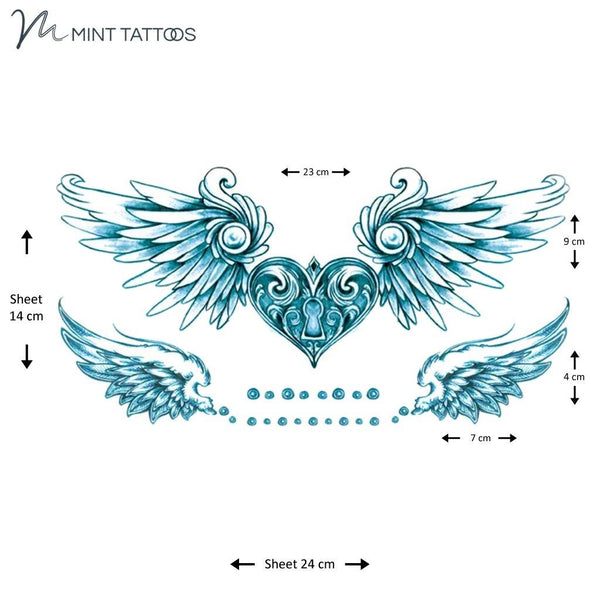 Temporary tattoo from Mint Tattoos.  14 x 24 cm sheet contains 3 different tattoos. Main is a blue heart with a keyhole and angel like wings on each side.  Other 2 are also wings but smaller.