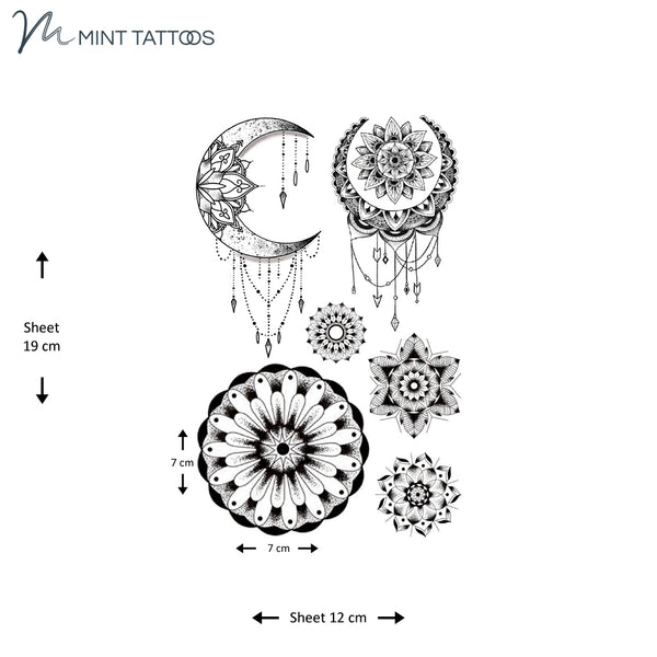 Temporary tattoo from Mint Tattoos.  12 x 19 cm sheet has 6 different black tattoos.  2 are moon slices style and 4 are ornately designed circles and flowers