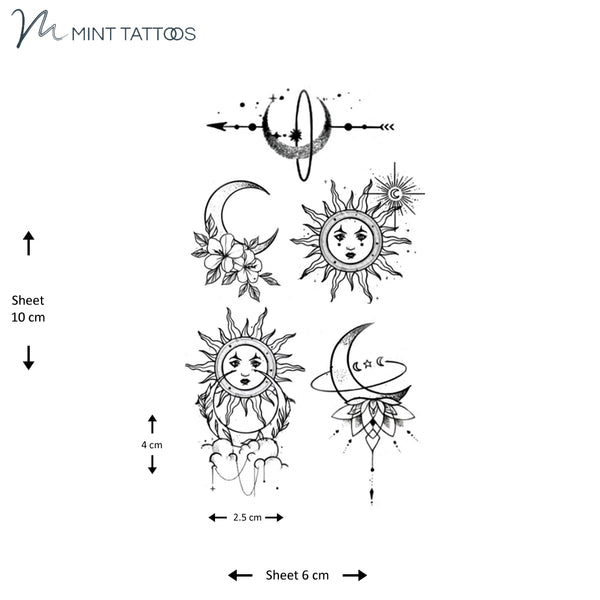 6 x 10 cm sheet has 5 different small temporary tattoos. 2 sun tattoos and 3 moon tattoos. string of planets, 2  planet tattoos and 1 of mountains and sun