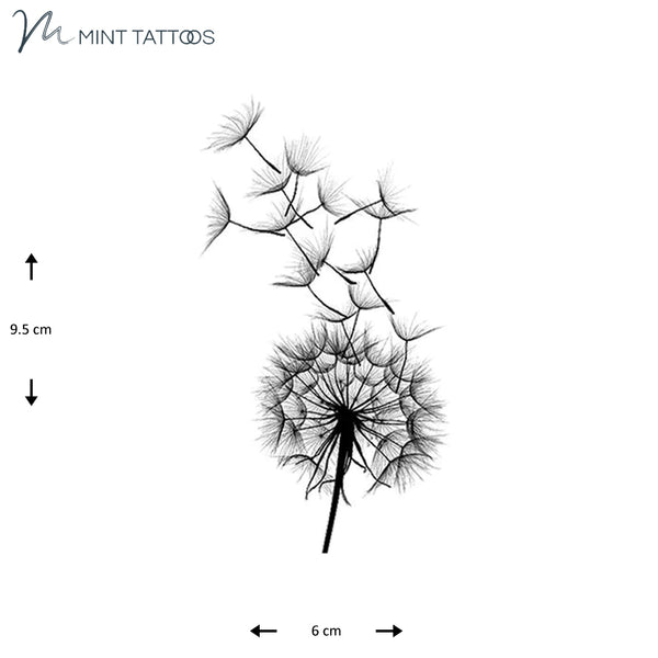 Temporary tattoo from Mint Tattoos. Dandelion head with pieces blowing away