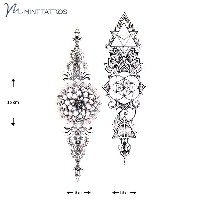 Temporary tattoo from Mint Tattoos. Two differing vertical designs each measuring about 4 x 15 cm.  