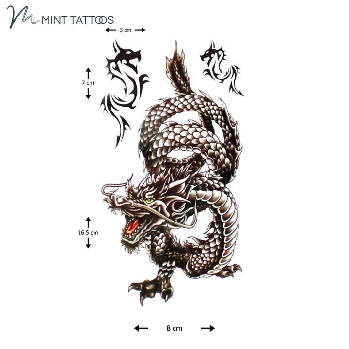 Temporary tattoo from Mint Tattoos. Very scaly, open mouthed, green eyed dragon. Measures 8 x 16 cm. 