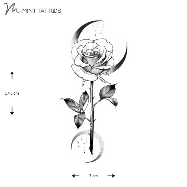 Temporary tattoo from Mint Tattoos. A single rose with a moon slice above and one below. Measures 7 x 17 cm