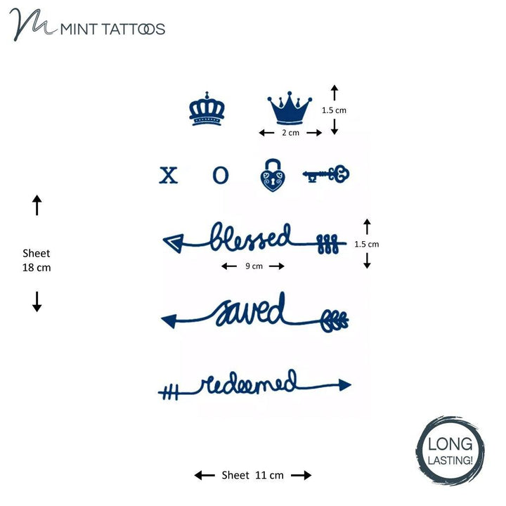 Long lasting Temporary tattoo from Mint Tattoos, sheet of 9 tattoos, Script blessed saved redeemed, small crowns and lock and key