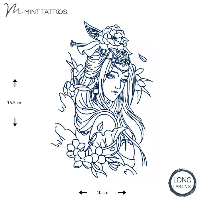 Long lasting temporary tattoo from Mint Tattoos. Ink blue Japanese style drawn outline of a pretty girl