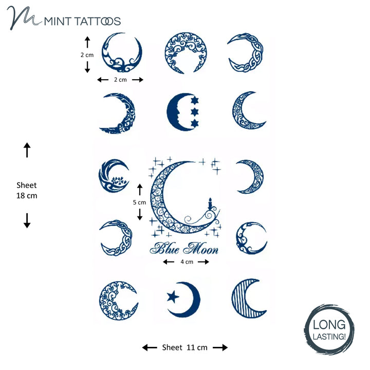 Long lasting Temporary tattoo bundle. 11 x 18 sheet contains 14 different ink blue moon tattoos including Blue Moon script text