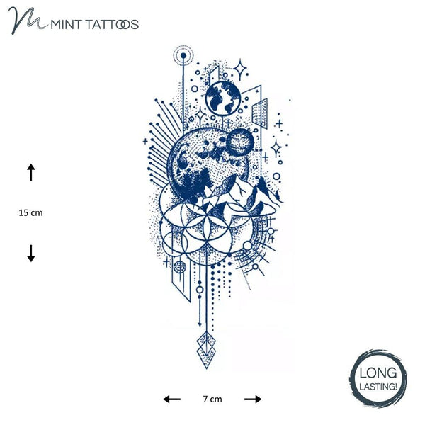 Long lasting Temporary tattoo from Mint Tattoos.  Blue collage image contains planets, lines, stars, mountains and dot line work