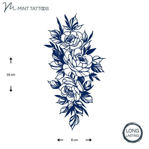 Long lasting temporary tattoo from Mint Tattoos.  Ink blue peony type flowers and leaves, 8 x 16 cm