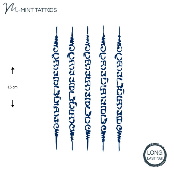 Long lasting ink blue temporary tattoo.  Long 1 x 15 cm script style tattoo. 5 quantity