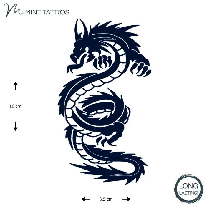 Temporary tattoo from Mint Tattoos. Bold black roaring dragon has wining body and visible claws