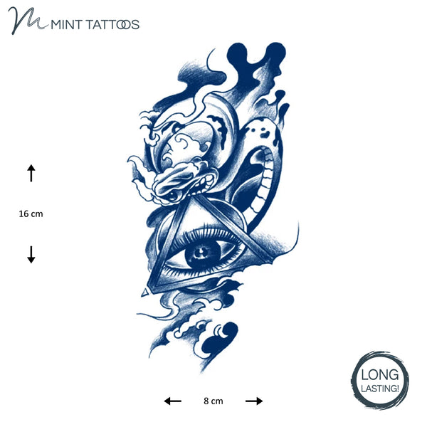 Long lasting ink blue Temporary tattoo.  Collage contains a prominent eye in a triangle with woven dragon and Japanese style clouds or water