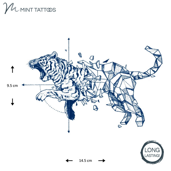 Long lasting Temporary tattoo from Mint Tattoos. Ink blue color, leaping and roaring tiger's rear half is drawn in a geometric dot line fashion, appearing to break