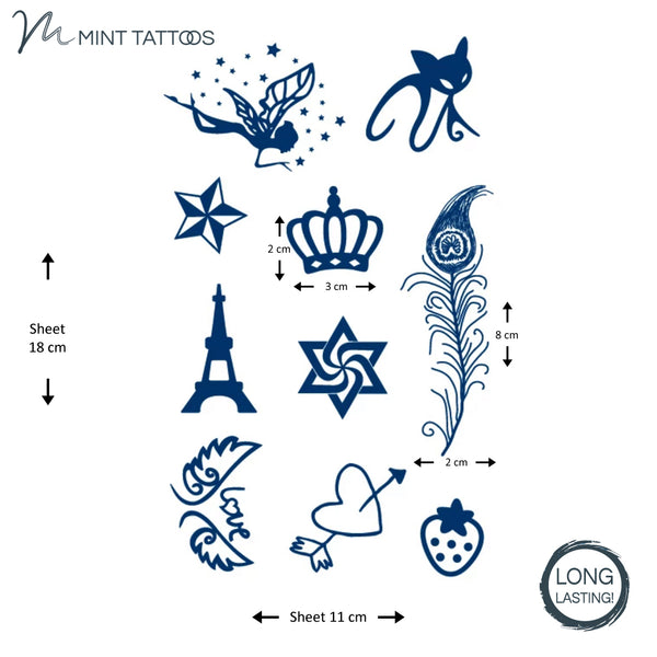 Long lasting temporary tattoo from Mint Tattoos.  11 x 18 cm sheet of 10 different tattoos including a fairy, cat. star. crown, feather, Eiffel tower, a heart and arrow, and a strawberry, all in ink blue