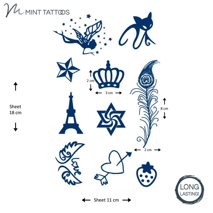 Long lasting temporary tattoo from Mint Tattoos.  11 x 18 cm sheet of 10 different tattoos including a fairy, cat. star. crown, feather, Eiffel tower, a heart and arrow, and a strawberry, all in ink blue