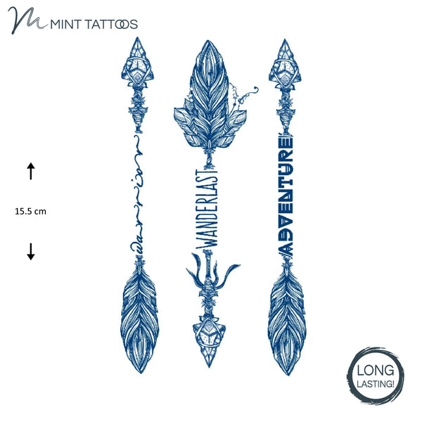 Long lasting Temporary tattoos.  3 different Ink blue, intricately drawn arrows. Each includes a word: Warrior, Wanderlast and Adventure