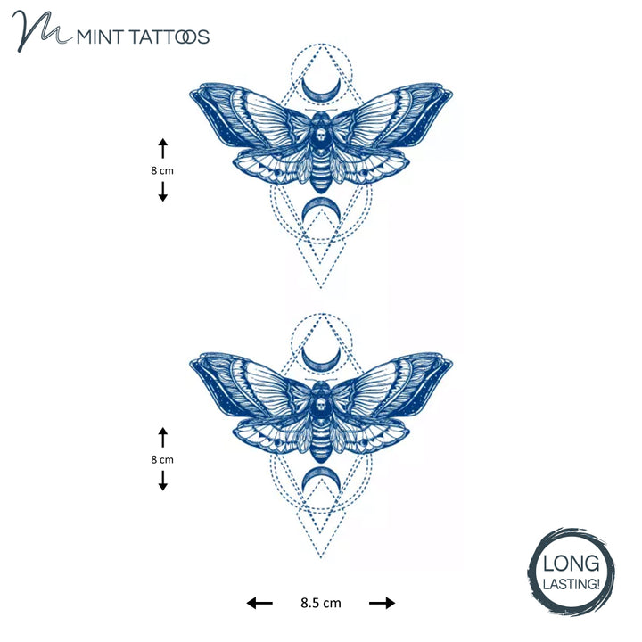 Long lasting temporary tattoo. Ink blue open winged moth with a dotted geometric line background.  2 quantity, 8 x 8 cm each