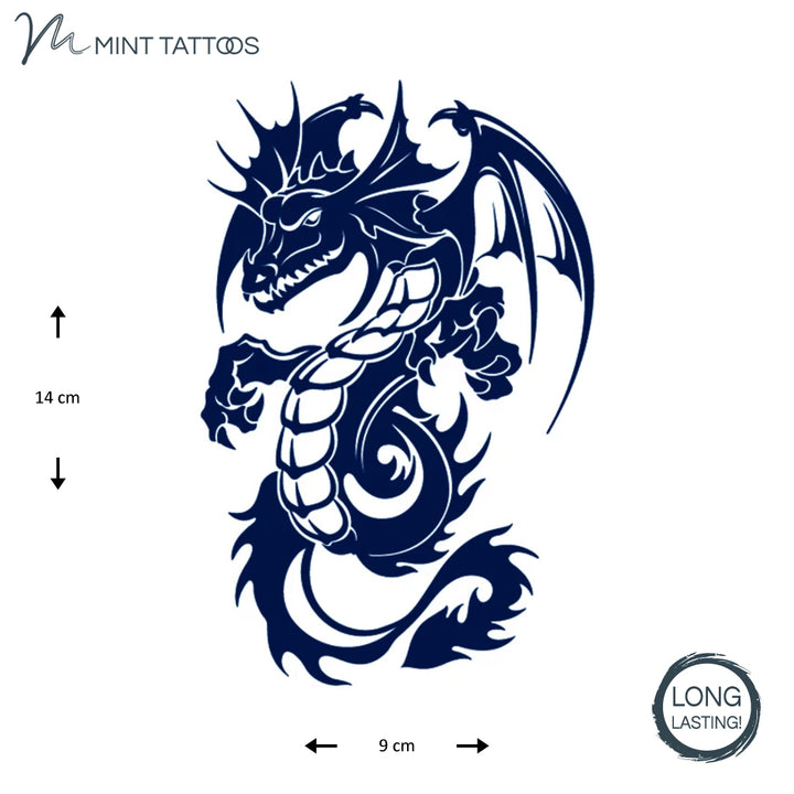 Long lasting temporary tattoo from Mint Tattoos.  Bold ink blue dragon has large wings and claws drawn