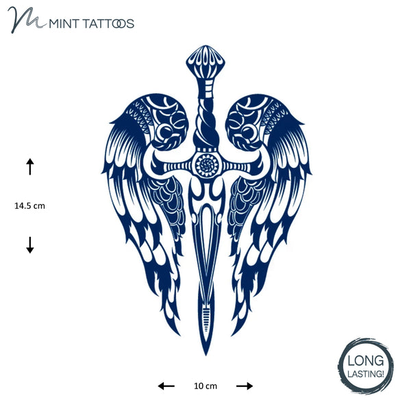 Long lasting temporary tattoo from Mint Tattoos.  10 x 14 cm ink blue wings with a sword in the middle