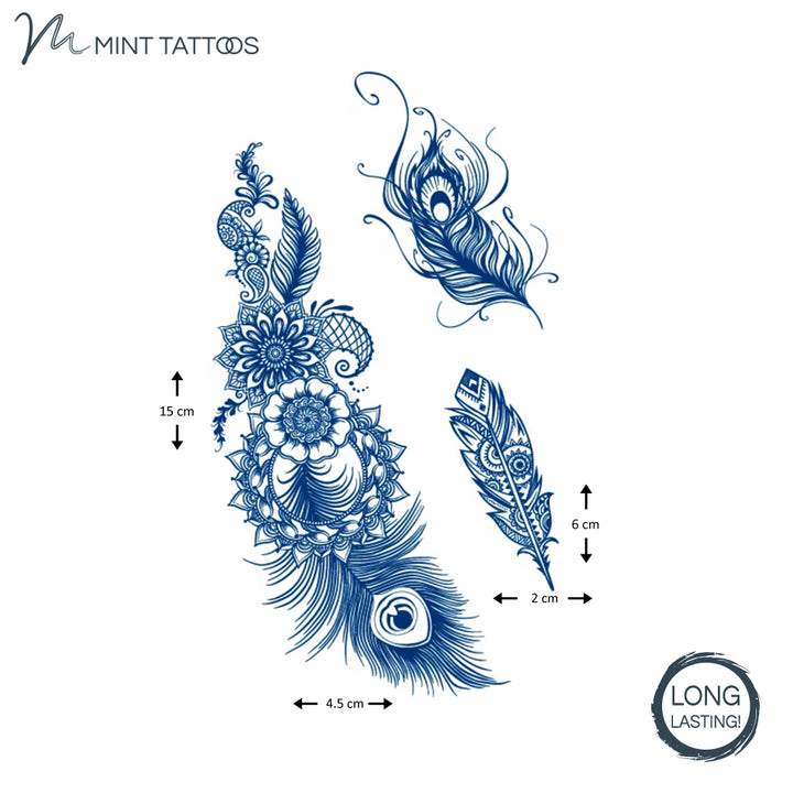 Long lasting temporary tattoo from Mint Tattoos.  3 ink blue peacock feather style tattoos ranging in size and design