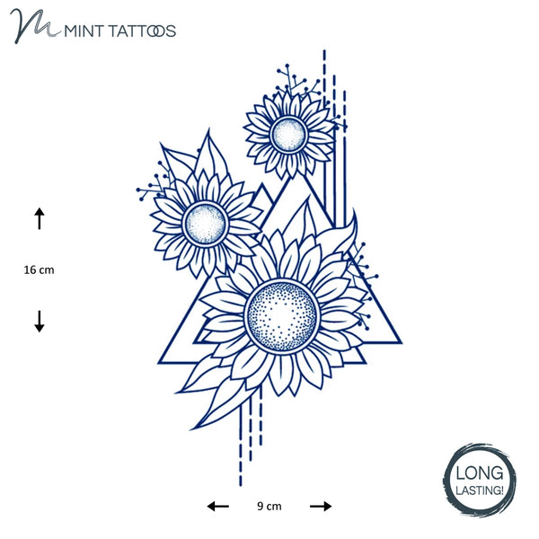 Long lasting temporary tattoo.  3 ink blue simplistic sunflower faces with 2 triangles and lines background