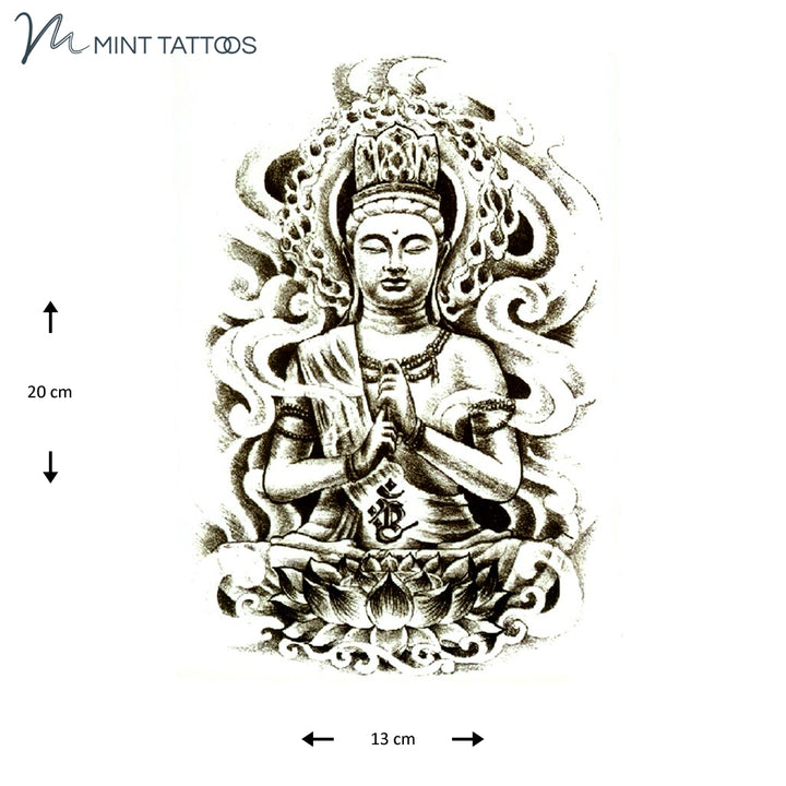 Temporary tattoo from Mint Tattoos.  Image of statue sitting in a zen position with a large lotus flower