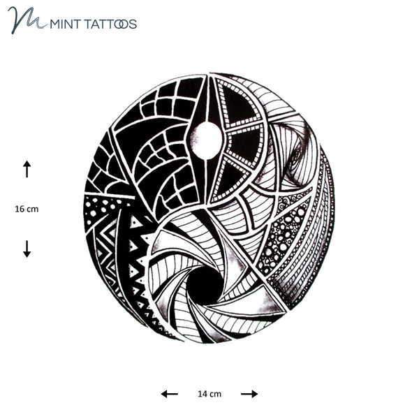 Long lasting Temporary tattoos. Tribal type patterned yin and yang symbol. Measures 14 x 16 cm