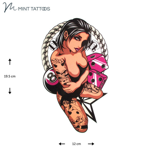 Colored temporary tattoo from Mint Tattoos. Tattooed woman with an 8 ball and pink dice