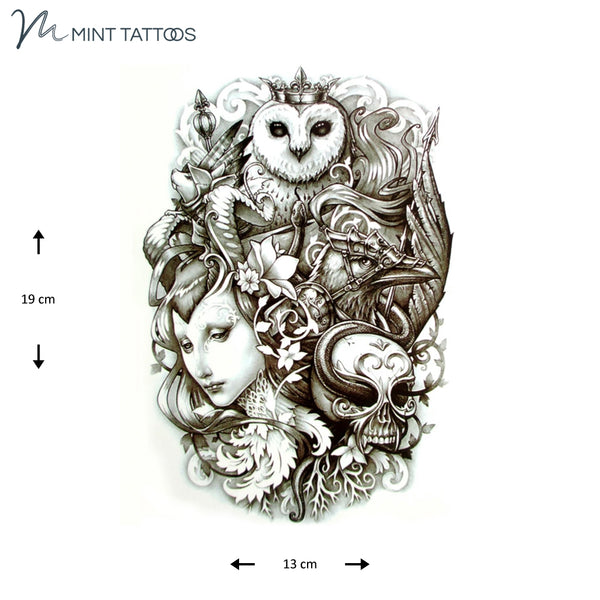 Temporary tattoo from Mint Tattoos. Very intricate art including a crowned owl, skull, crown, a woman, all with vines and other details 