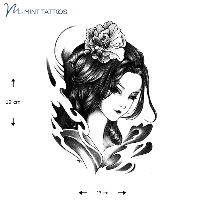 Temporary tattoo from Mint Tattoos.  Hand drawn style pretty girl looking downward with a flower in hair