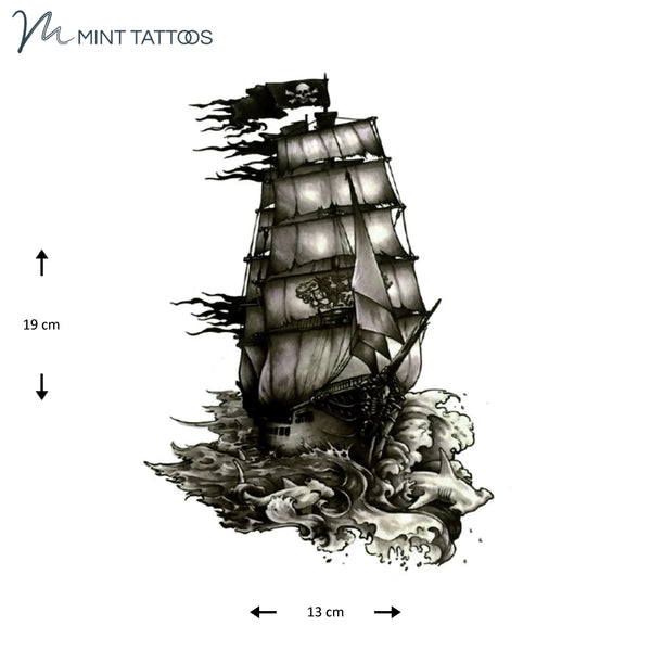 Temporary tattoo from Mint Tattoos.  Dark shaded ship in the waves of the sea. Measures 13 x 19 cm