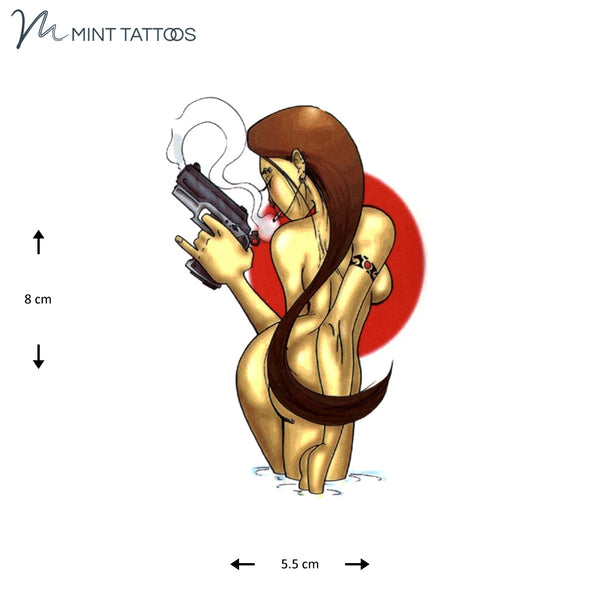 Temporary tattoo from Mint Tattoos. Long haired woman from behind with a smoking gun