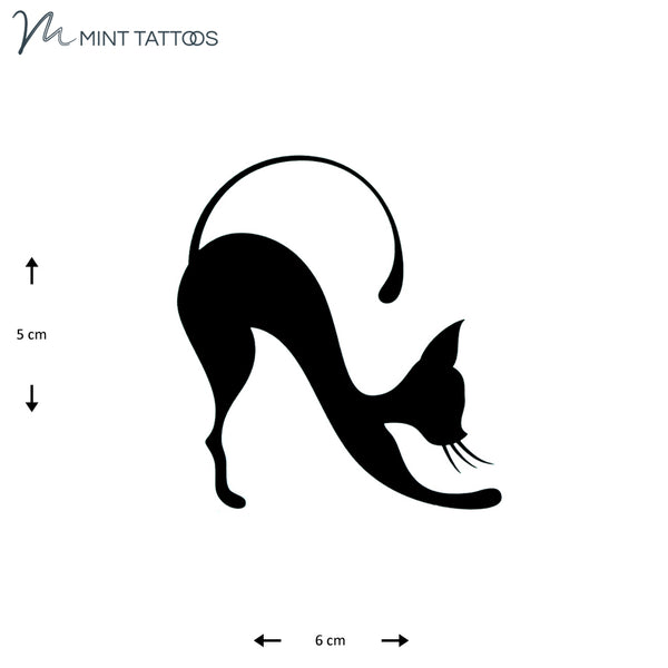 Temporary tattoo from Mint Tattoos. Solid black side silhouette of a cat stretching. 5 x 6 cm