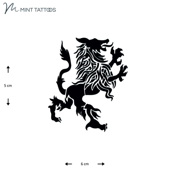 Temporary tattoo from Mint Tattoos. Black side profile of regal lion on hind feet with claws drawn in front