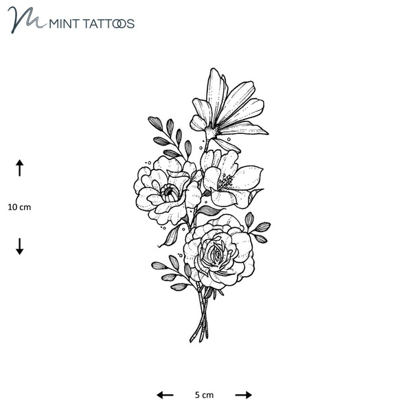 Temporary tattoo from Mint Tattoos. Dot line style outline of a flower bouquet, 5 x 10 cm