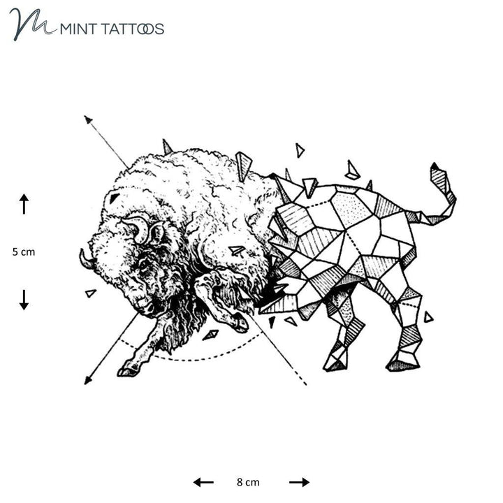 Temporary tattoo from Mint Tattoos. Charging buffalo lifts front paw.  Back half is drawn in a geometric dot line fashion, appearing to break